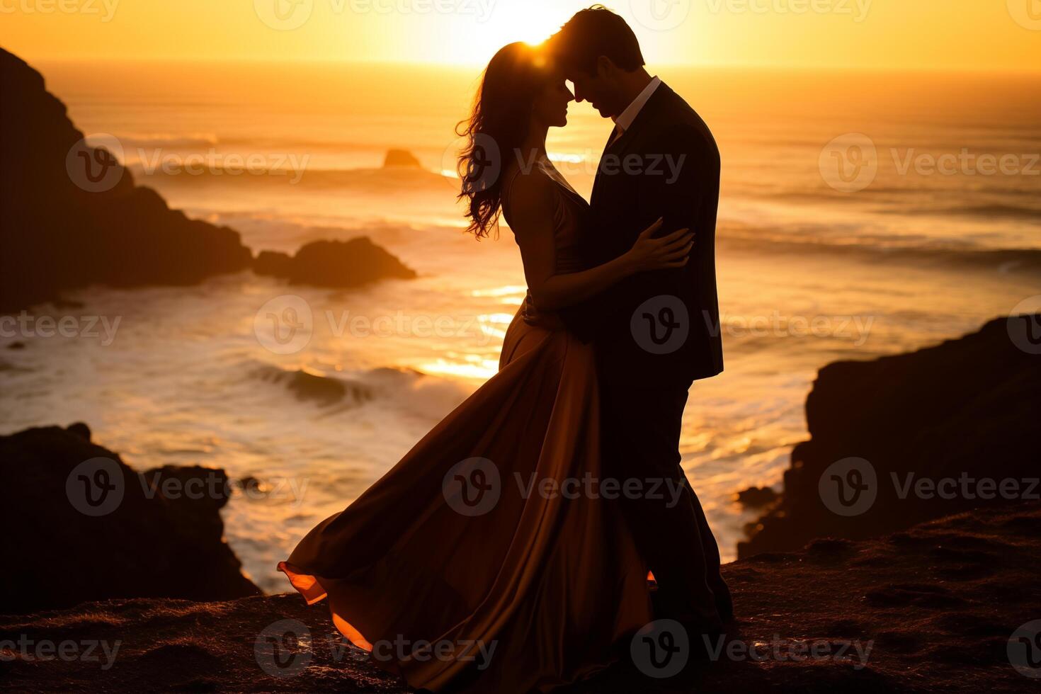 ai generado romántico Pareja abrazando a puesta de sol en rocoso costa foto