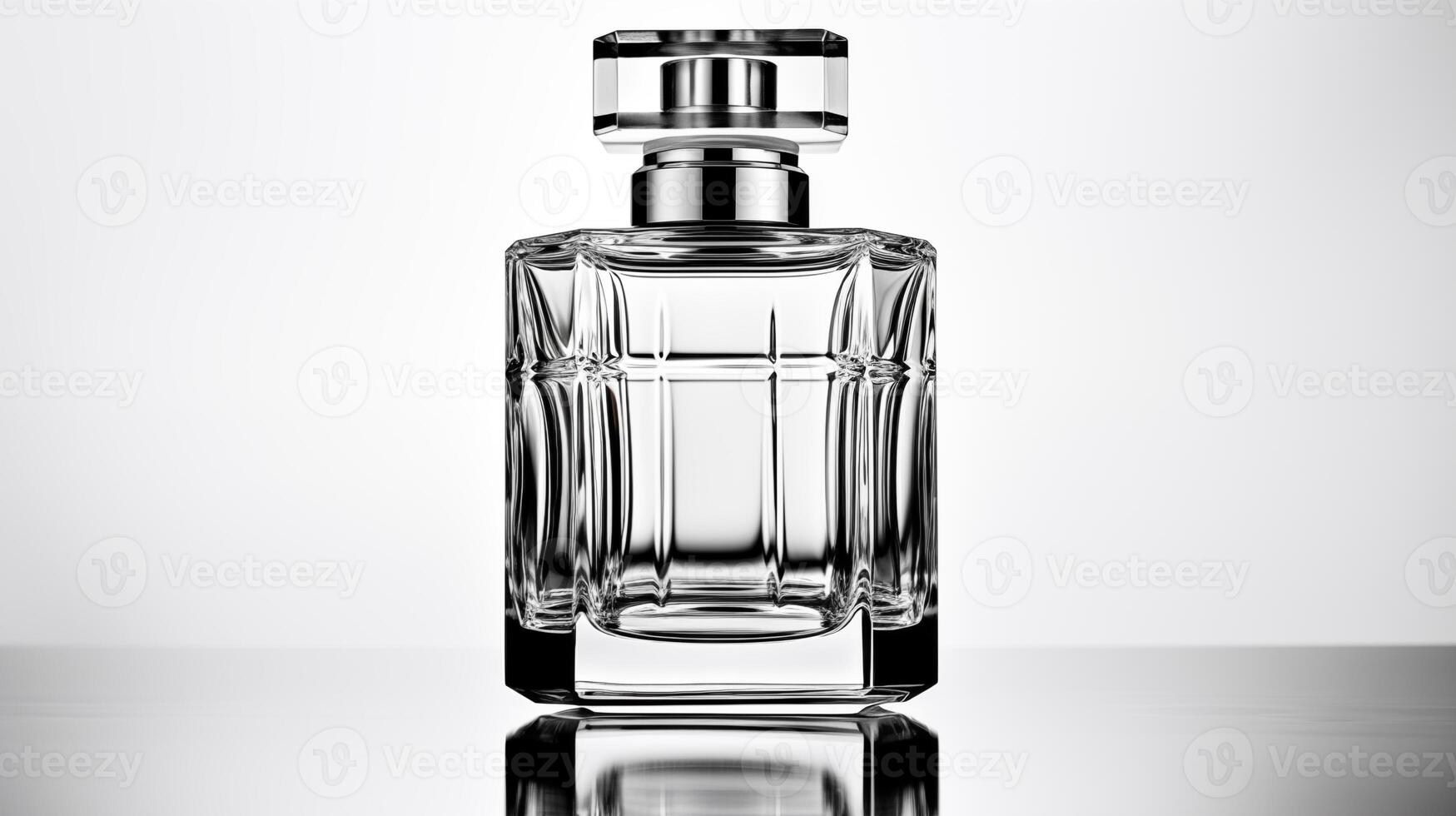 ai generado claro vaso perfume botella en reflexivo superficie con dramático Encendiendo foto