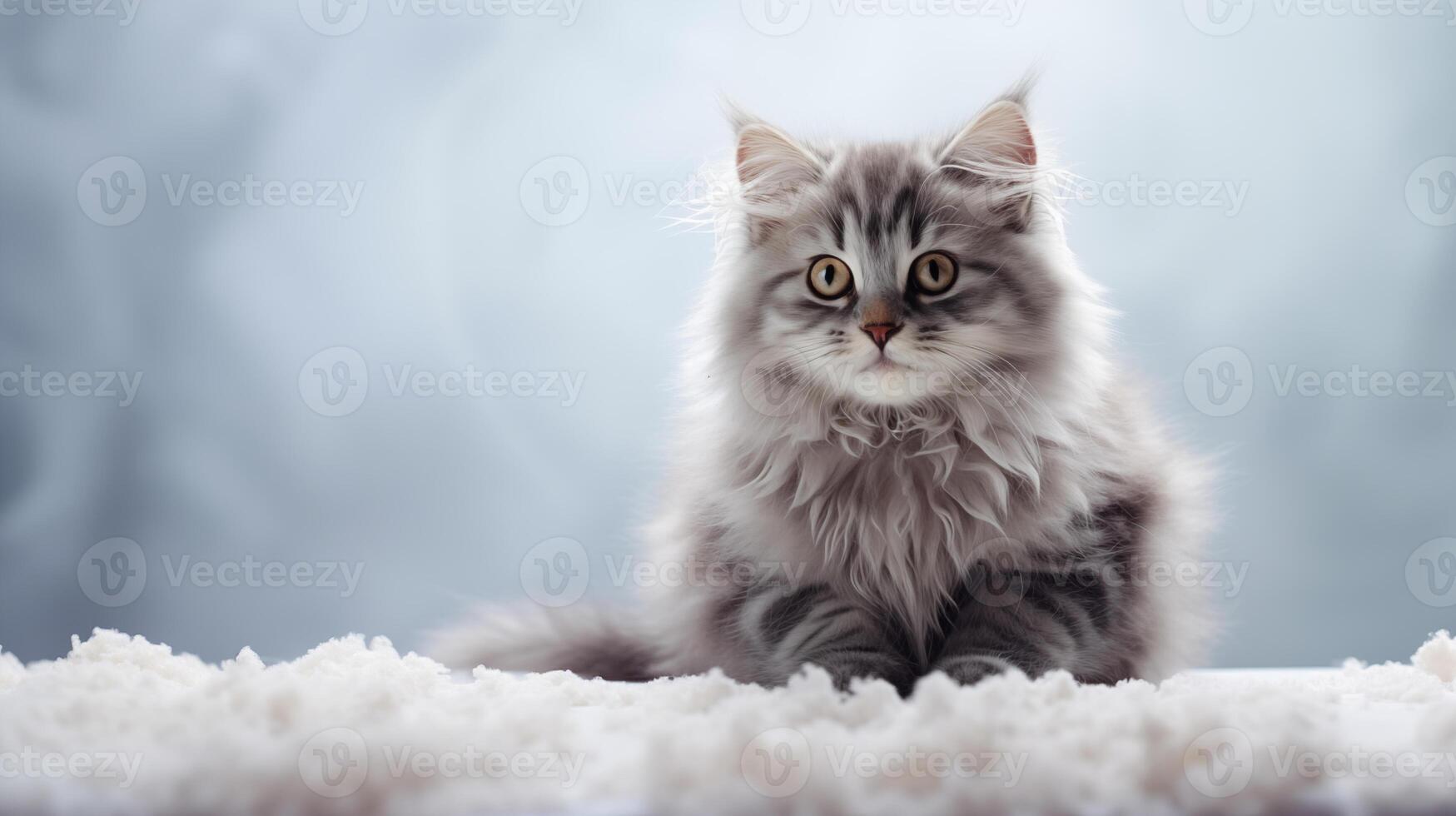 ai generado un linda gato sentado en un mullido blanco nieve mirando a el cámara con un sorprendido Mira en sus rostro. foto