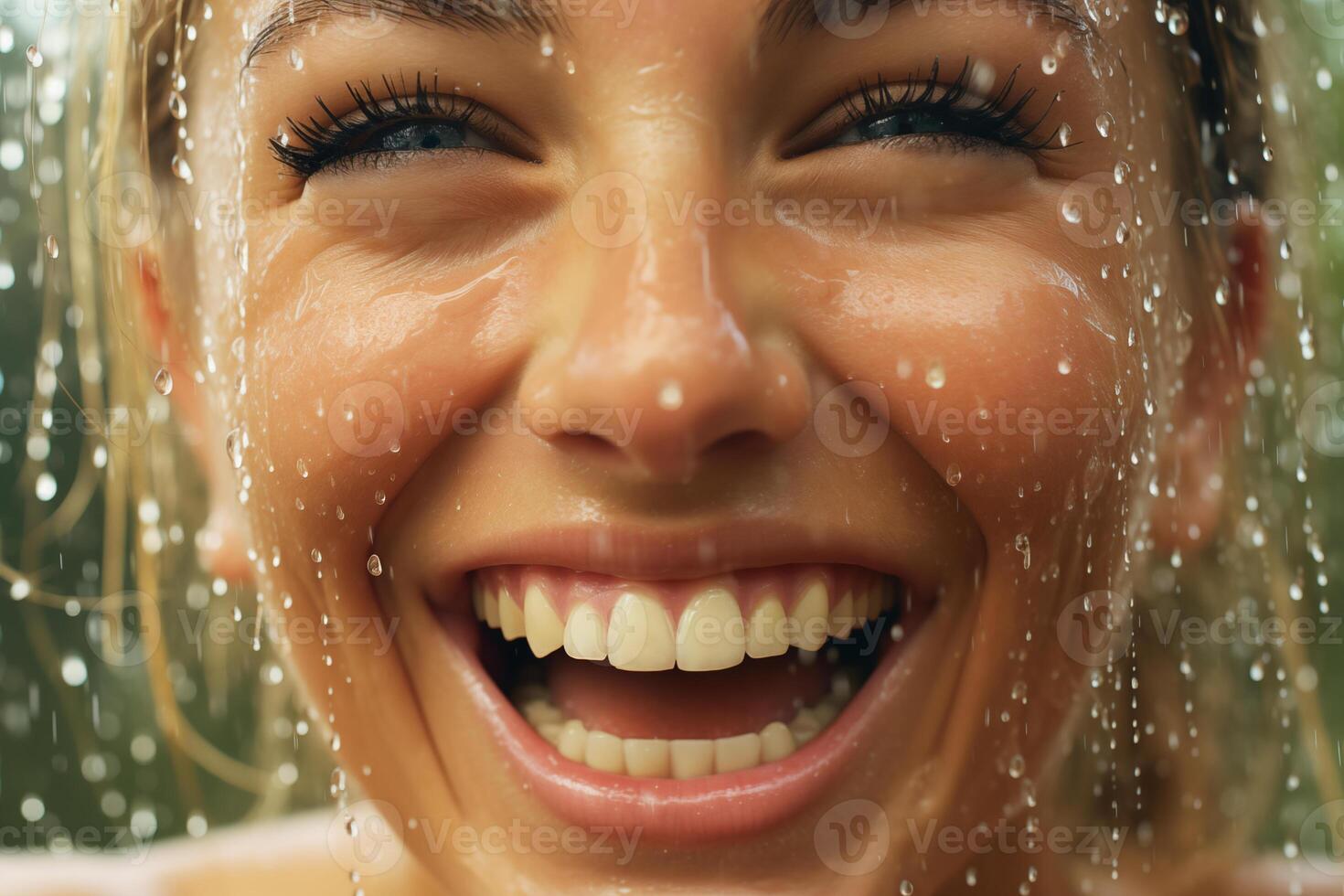 AI generated Close-up of Joyful Woman's Face with Water Droplets photo