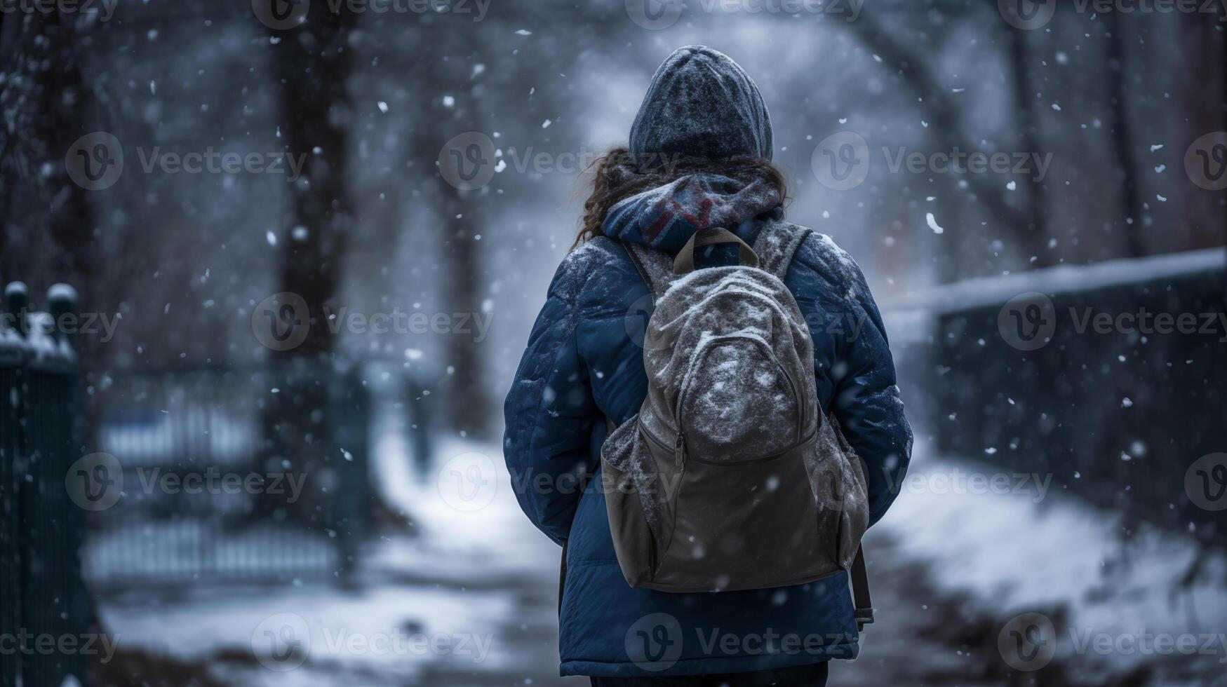 AI generated A person with a backpack walking in the snow in the park in winter time, with snow falling on the ground. photo