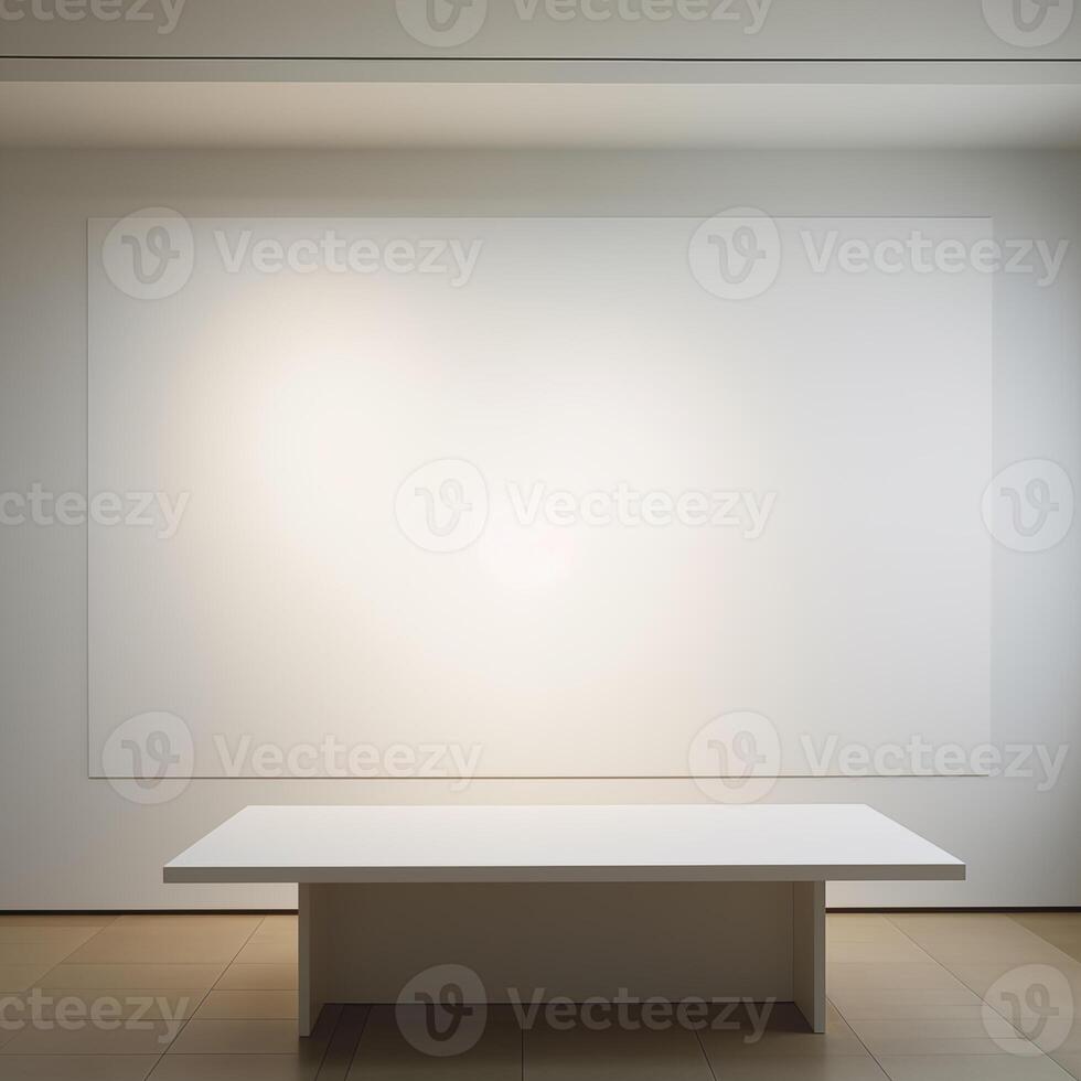 AI generated Minimalist Art Gallery Interior with Illuminated Blank Canvas photo