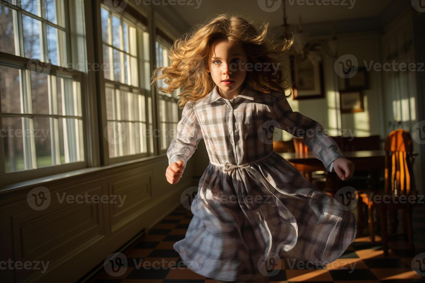 ai generado un joven niña en tartán carreras con rapidez en un Clásico habitación foto