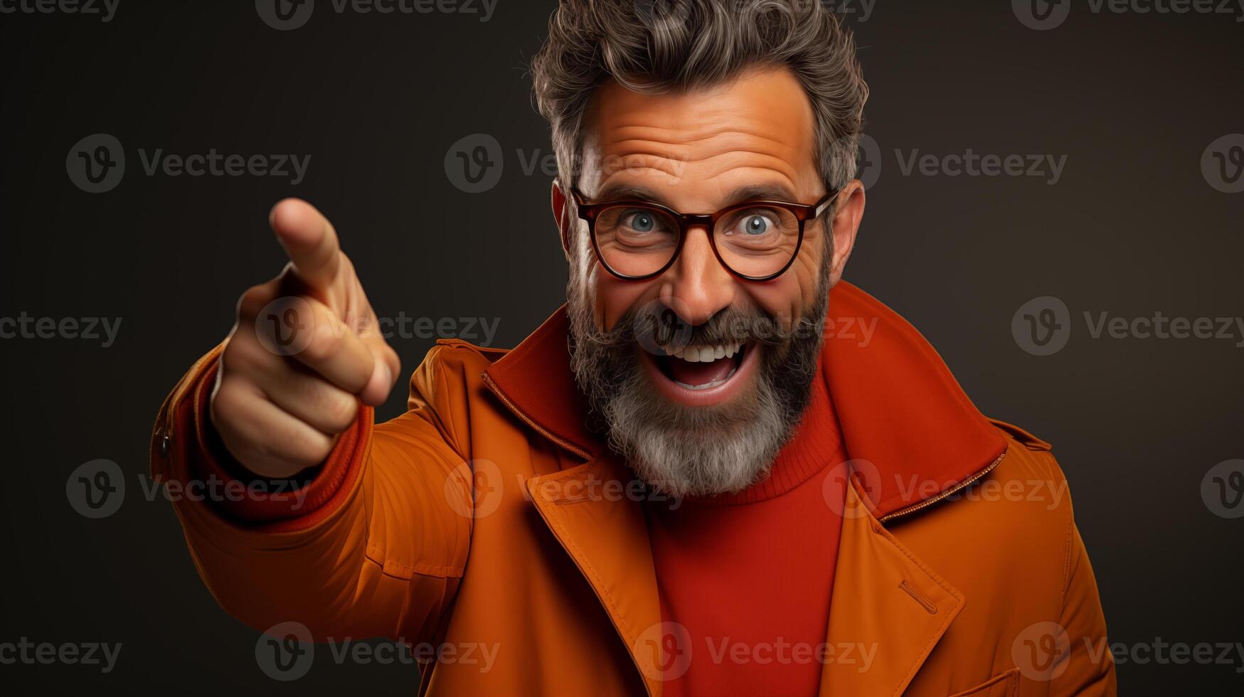 AI generated Excited Bearded Man Pointing in Orange Jacket with Enthusiastic Smile photo