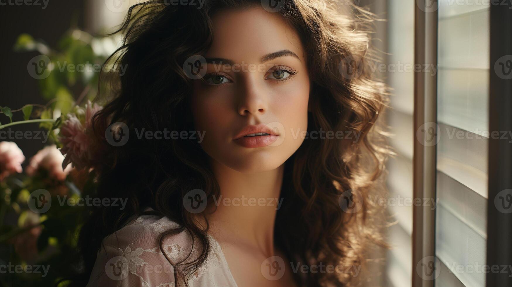 AI generated Serene Young Woman Gazing Out Window, Soft Light Portrait photo