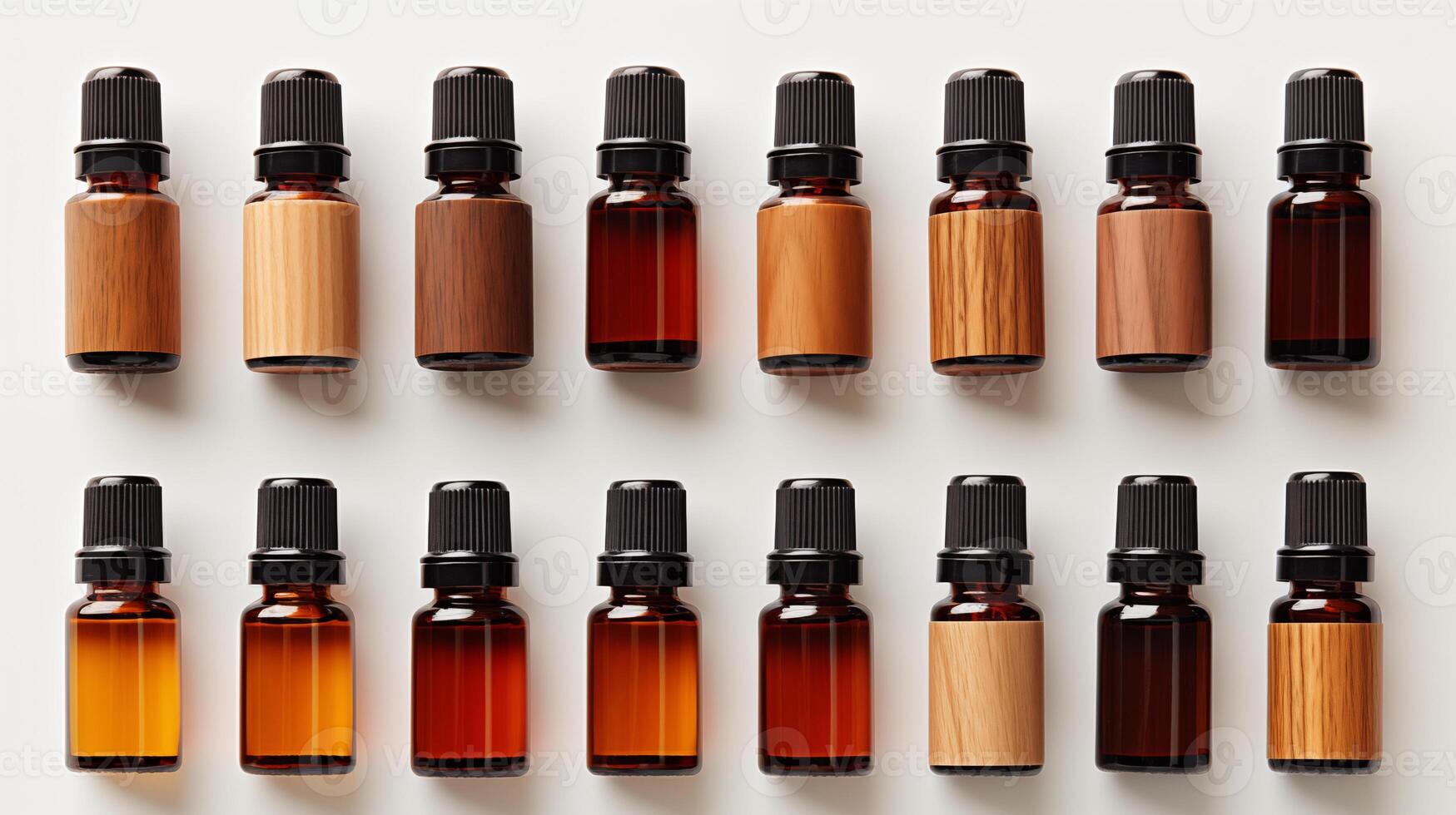 AI generated Assortment of essential oil bottles with plastic caps photo