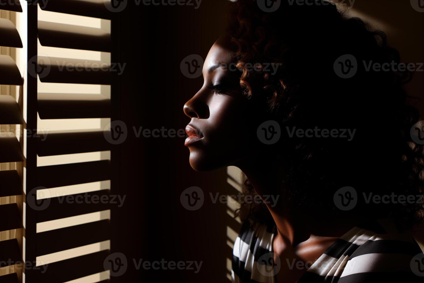 AI generated Contemplative Woman Silhouetted Against Window Blinds photo
