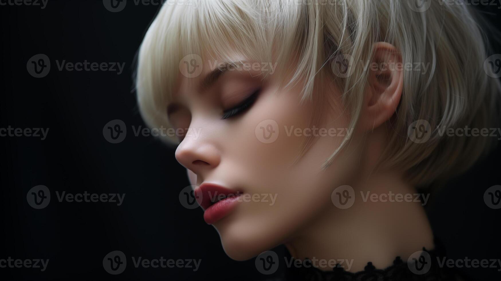 AI generated Close-Up of a Caucasian Woman with Platinum Blonde Hair, Ideal for Beauty, Fashion, and Portraits photo