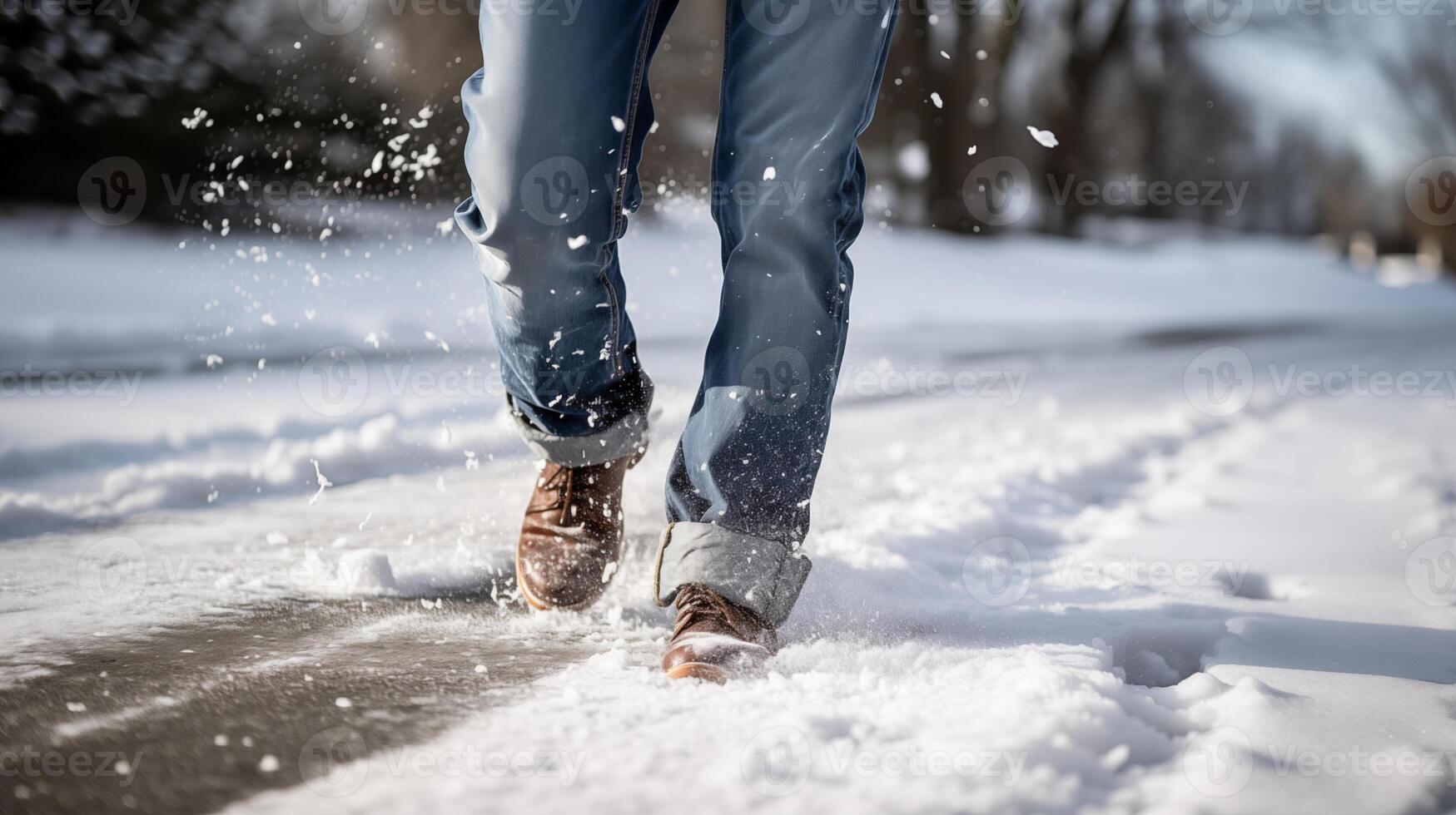 AI generated Person walking in snow with pair of jeans on and pair of brown boots, confident hiker. photo