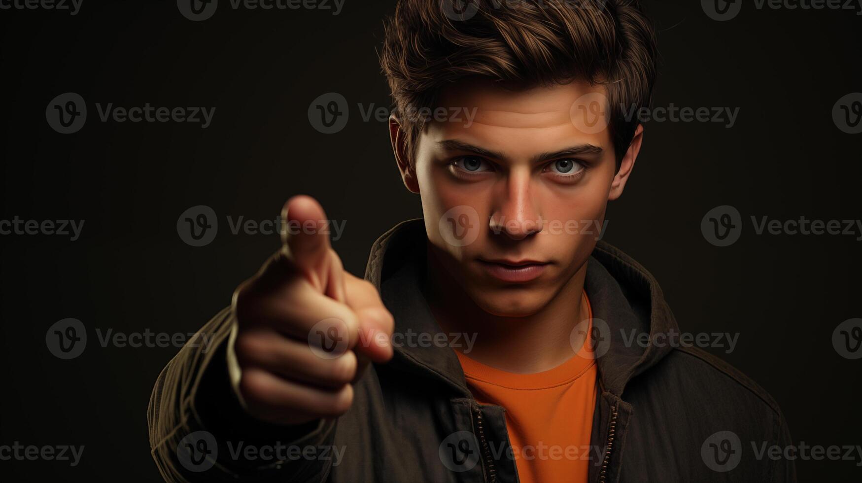 AI generated Intense Young Man Pointing, Great for Youth Engagement Campaigns photo