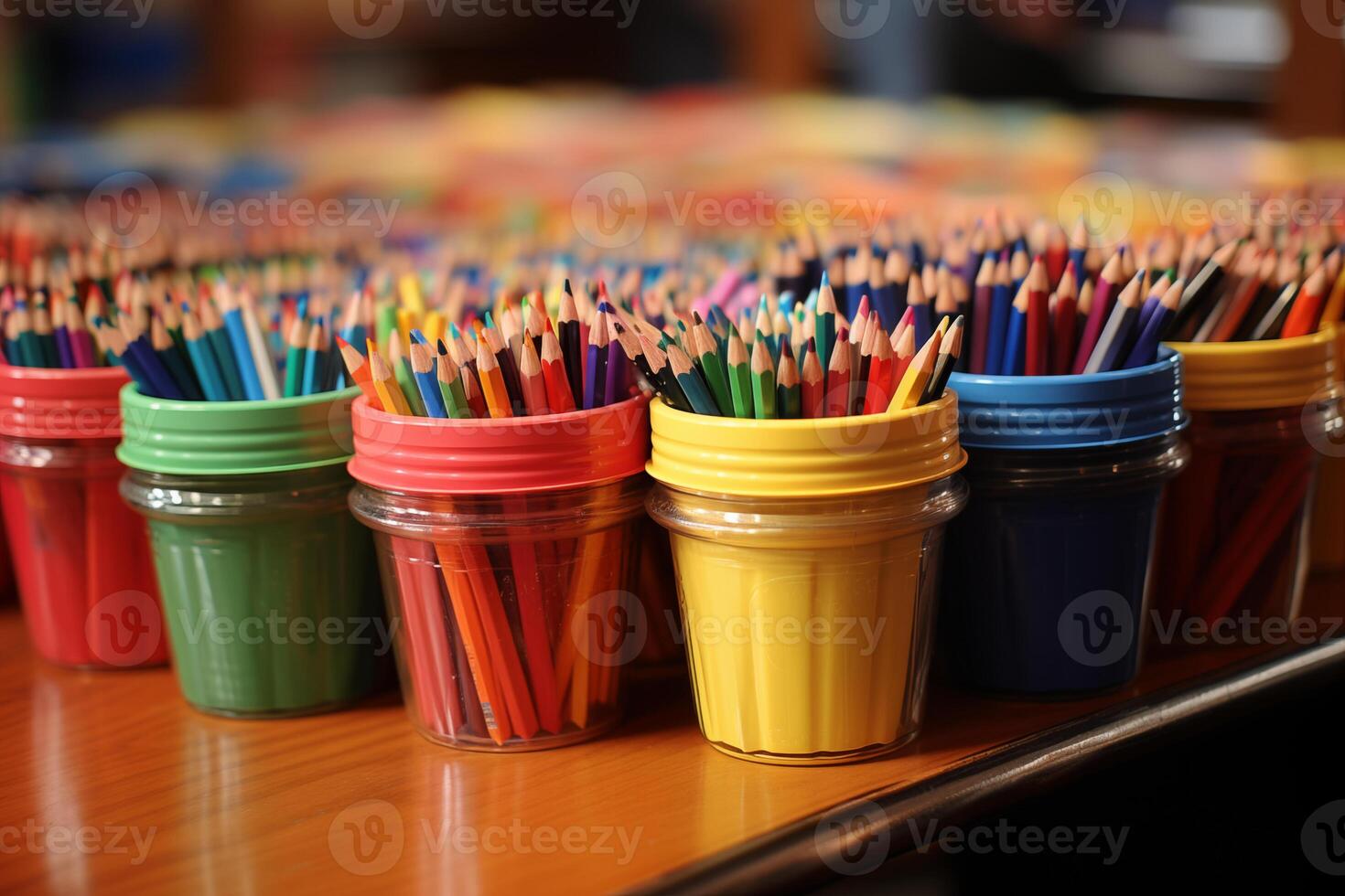 AI generated Colorful Pencils in Containers with Artistic Background photo