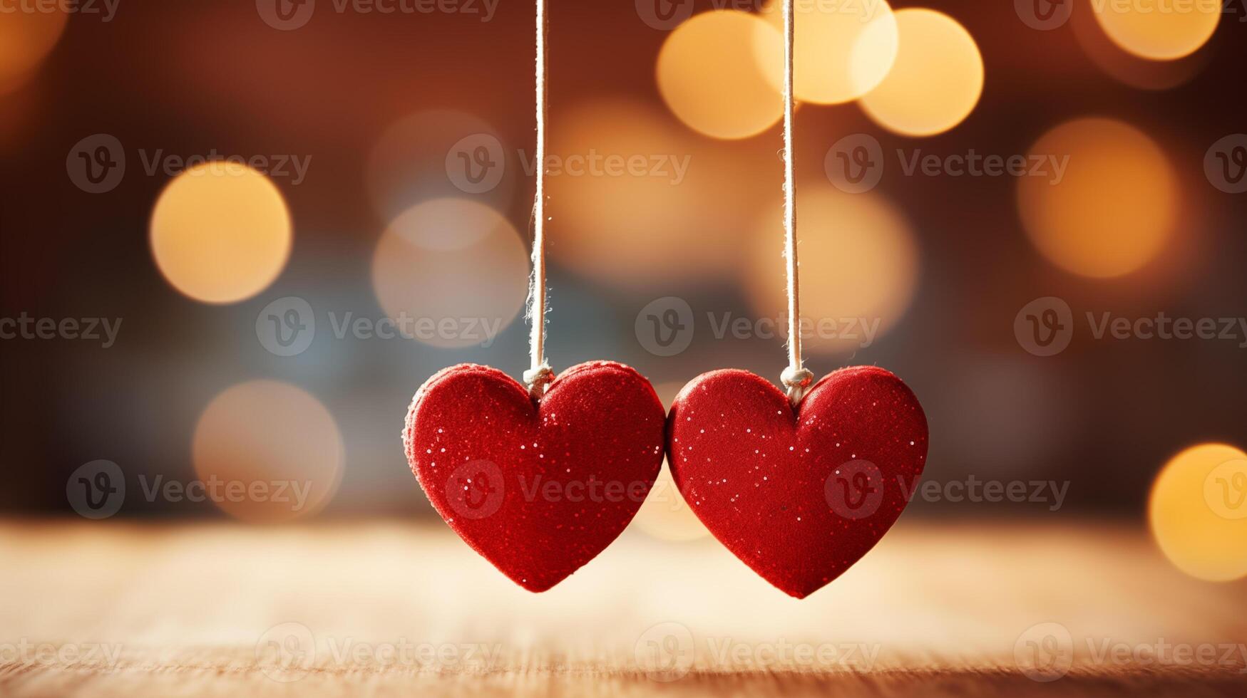 AI generated Romantic Red Heart Ornaments Against Soft Bokeh Lights, Suitable for Valentine's Day and Love Themes photo