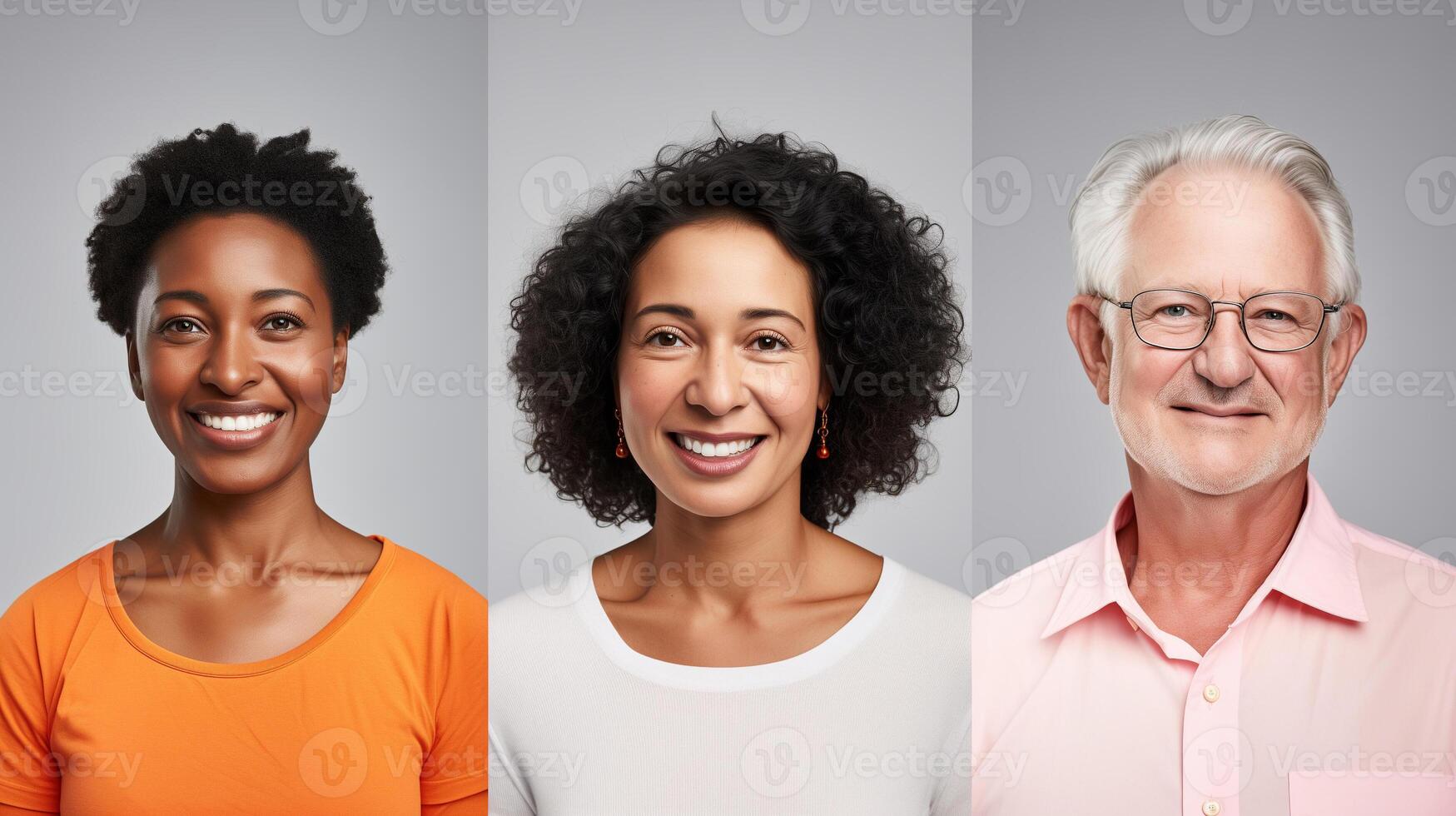 AI generated Three Diverse Generational Portraits Isolated on Gray Background photo