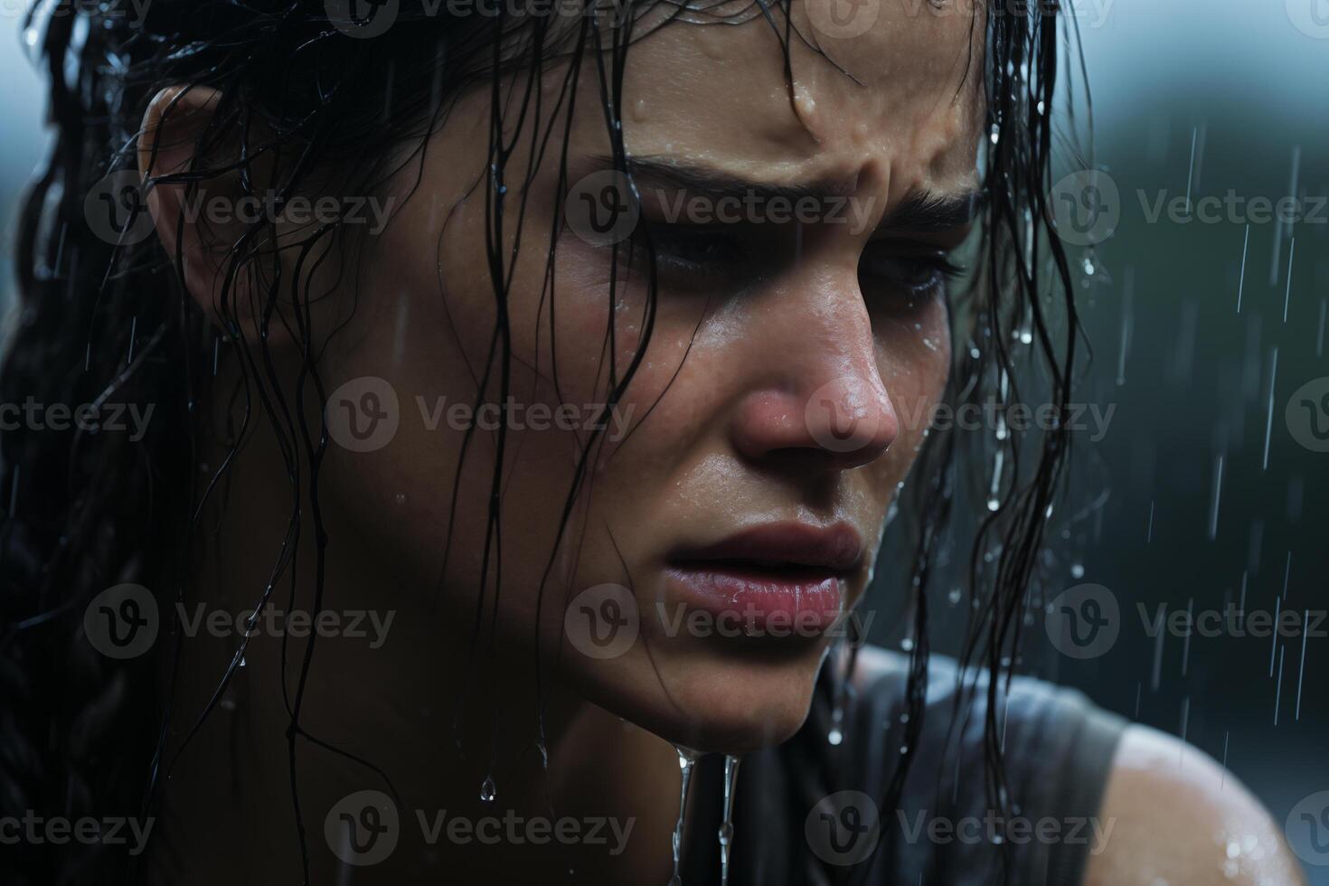 AI generated Emotional Woman in Rain, Intense Drama Scene, Ideal for Storytelling and Moody Concepts photo