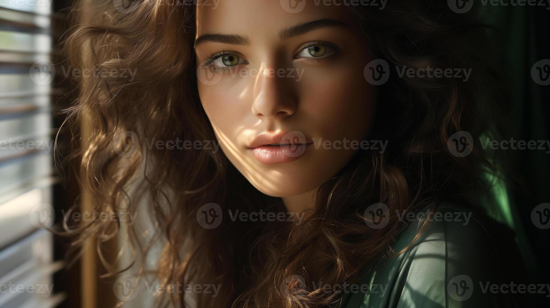 AI generated Serene Caucasian Young Woman Gazing through Window, Ideal for Beauty Campaigns photo