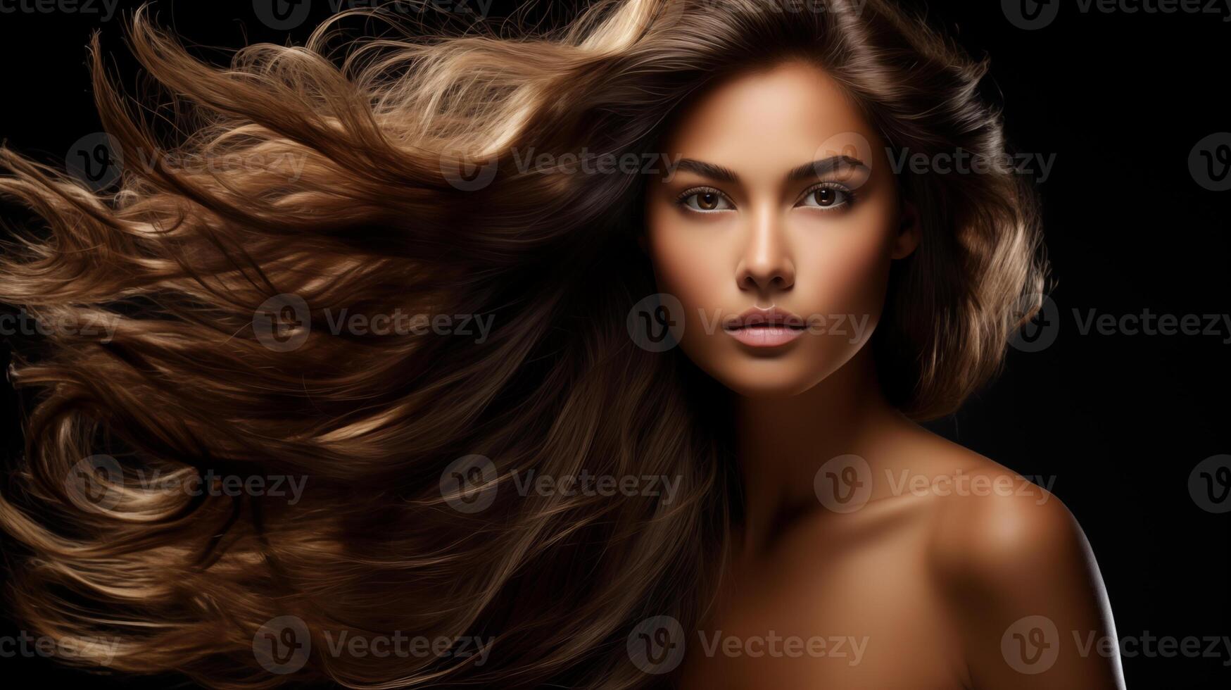 AI generated Majestic Woman with Flowing Hair for Beauty Campaigns, Perfect for Hair Products, Dark Background photo
