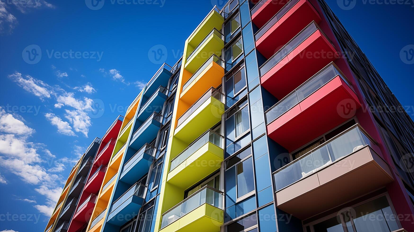 AI generated Colorful Apartment Building Facade, Perfect for Urban Lifestyle and Design Magazines photo