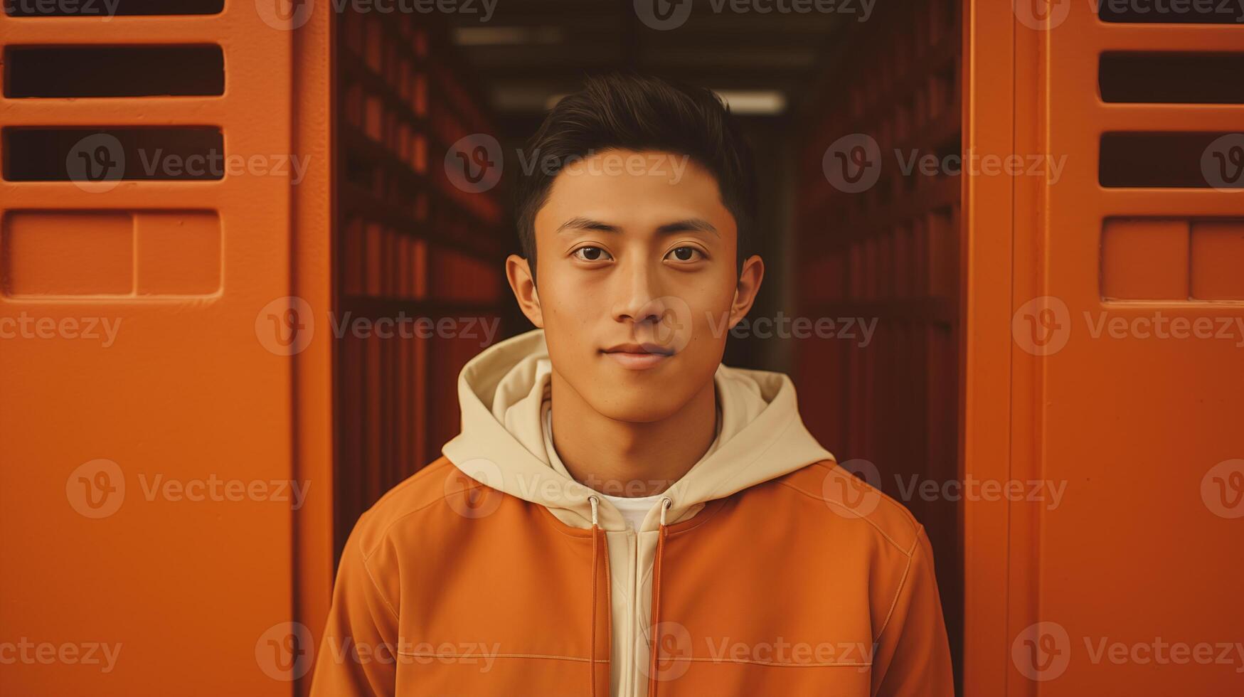 AI generated Confident Asian Young Adult in Peach Lockers, for Lifestyle Marketing photo