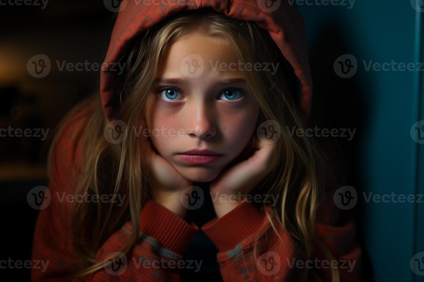 ai generado joven niña en rojo capucha soñador, profundo azul ojos, emocional retrato foto