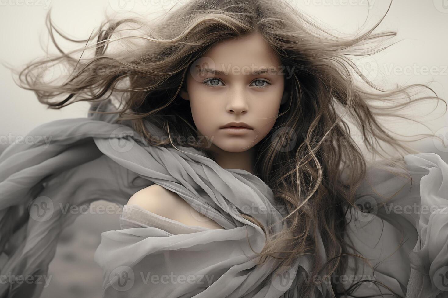 AI generated Ethereal Young Caucasian Girl with Flowing Hair, Great for Artistic Portraiture photo