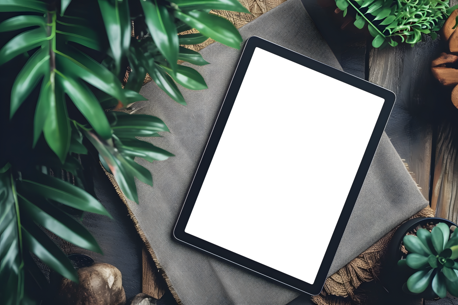 AI generated Transparent Tab Screen Mockup on Table with Plant Accent png