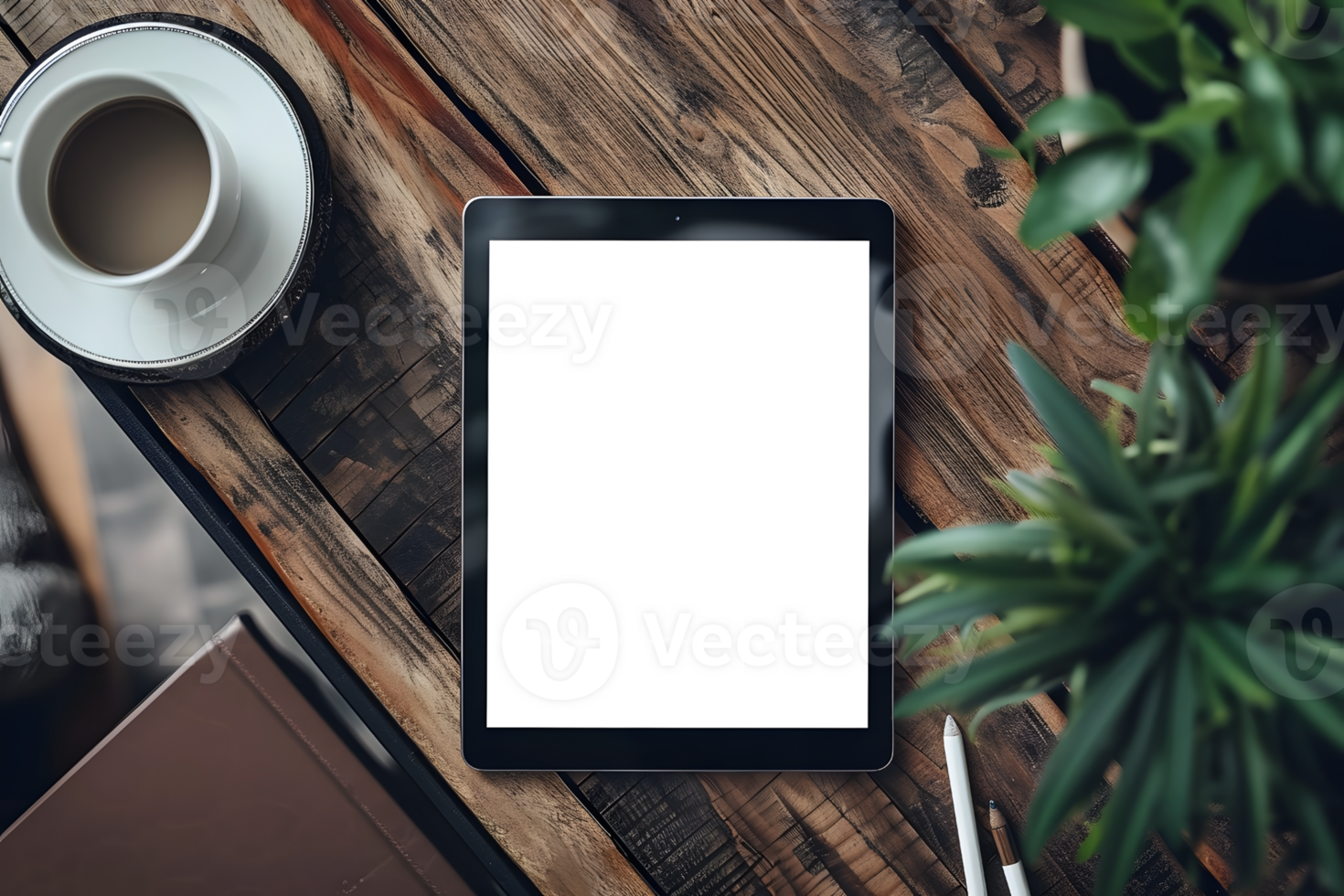 AI generated Transparent Tab Screen Mockup on Table with Plant