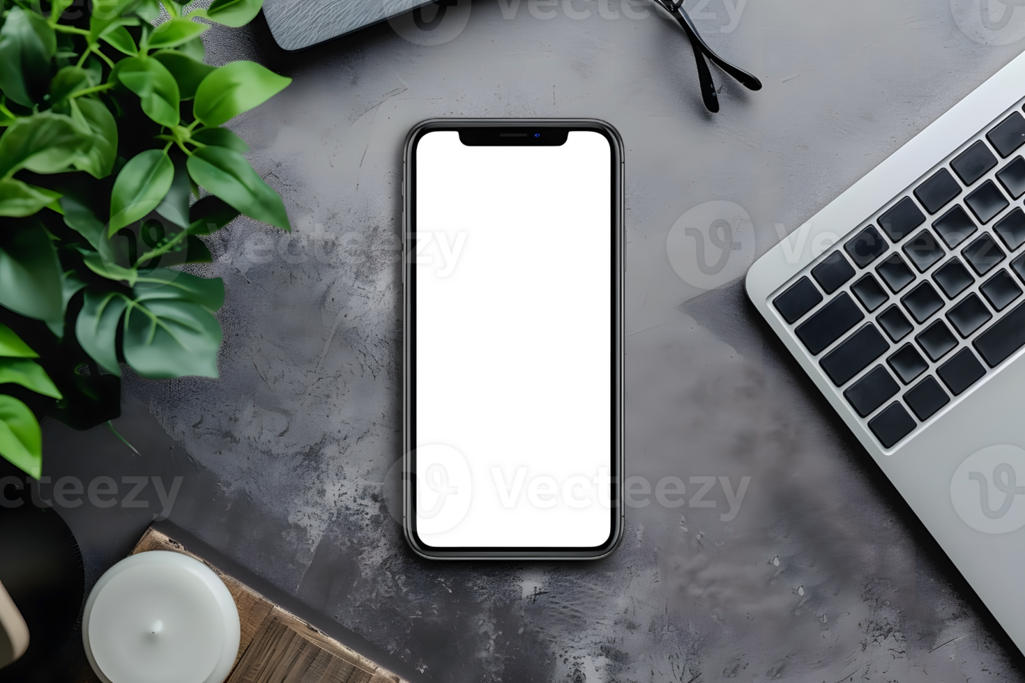 AI generated Minimalistic Phone Screen Mockup on Wooden Desk, Sleek Design Showcase png