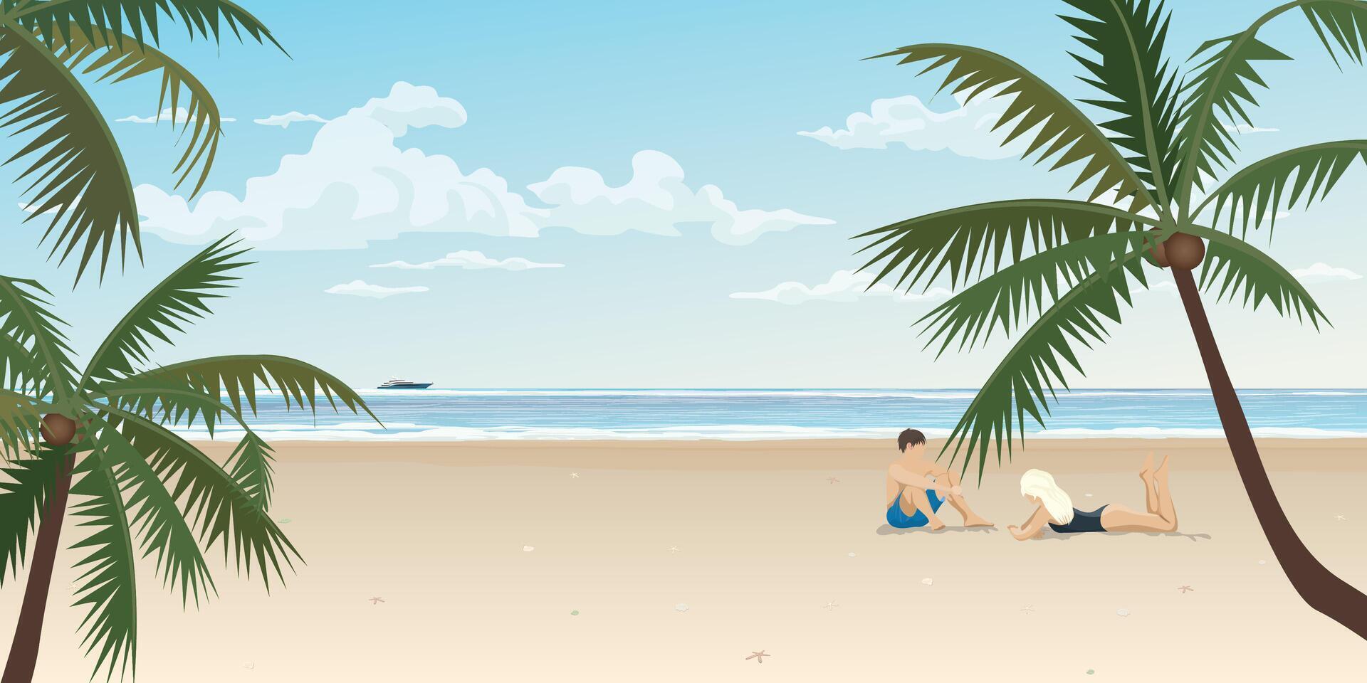 Pareja de amante a el playa y tropical azul mar vector ilustración. viaje de novio concepto plano diseño.