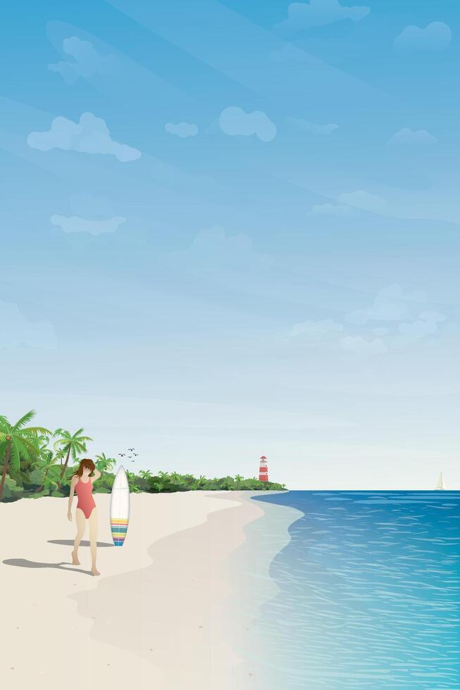 Seascape with woman and surfboard on the beach vector illustration have blank space. Seaside landscape with tourist, surfboard, ocean coast, lighthouse and yacht flat design.