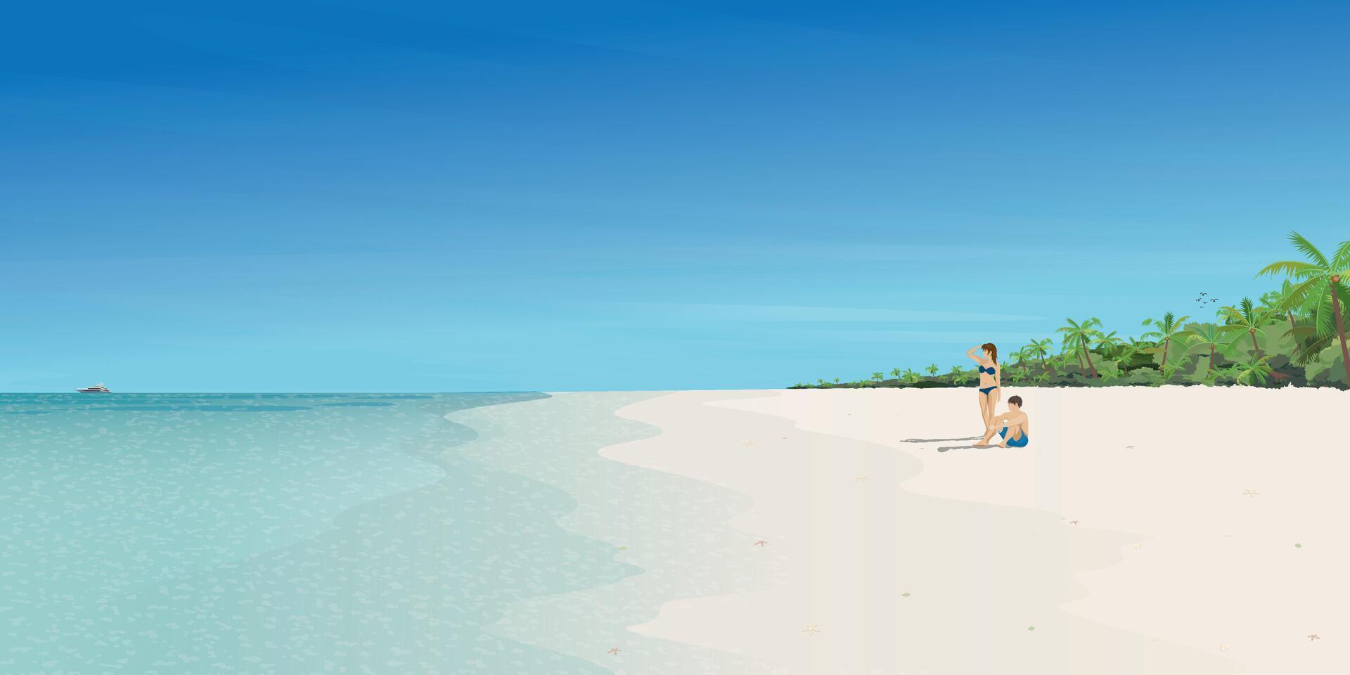 Pareja de amante a el playa y tropical azul mar vector ilustración. viaje de novio concepto plano diseño.