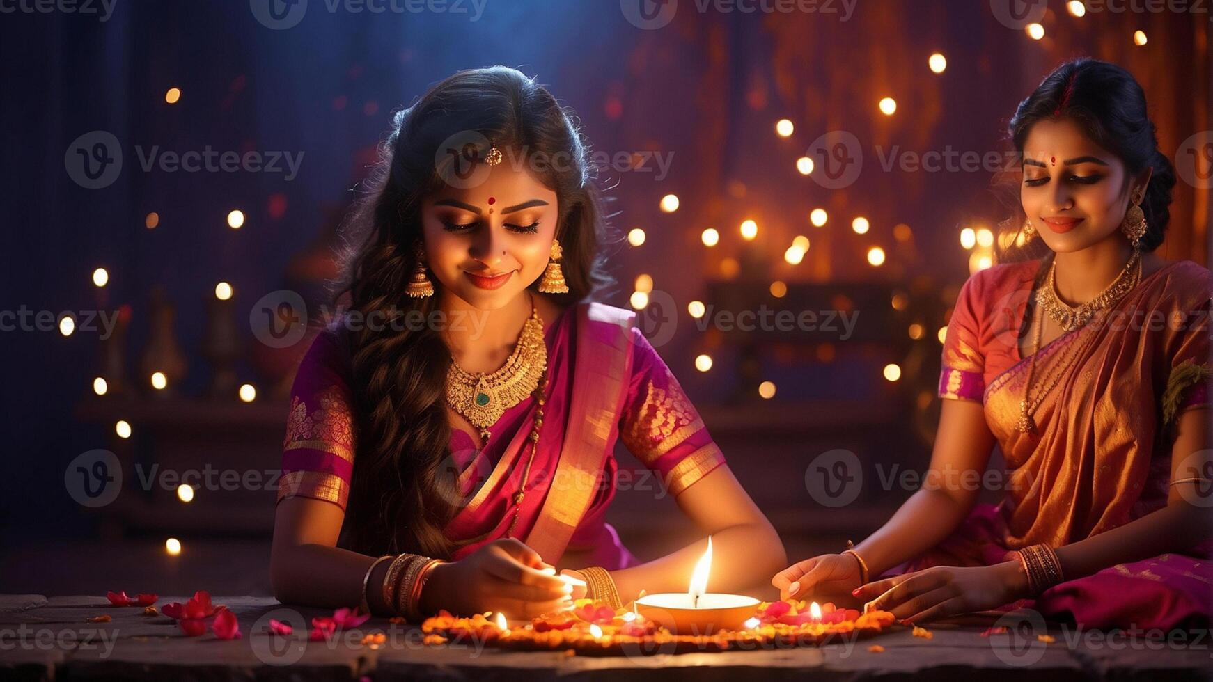 AI generated Diwali Celebration, Traditional diya lamps lit indian culture photo