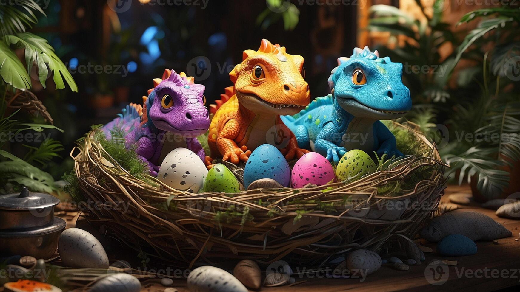 AI generated colorful baby dinosaurs in the dinosaur nest photo