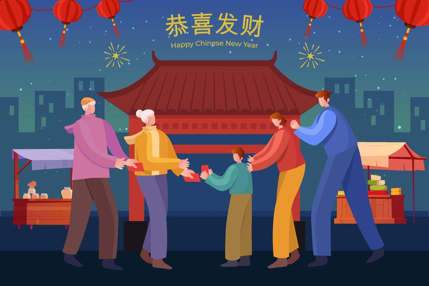 chino nuevo año saludo tarjeta. ilustración de abuelos dando niño suerte dinero en noche mercado.traduccion deseando usted prosperidad y riqueza vector