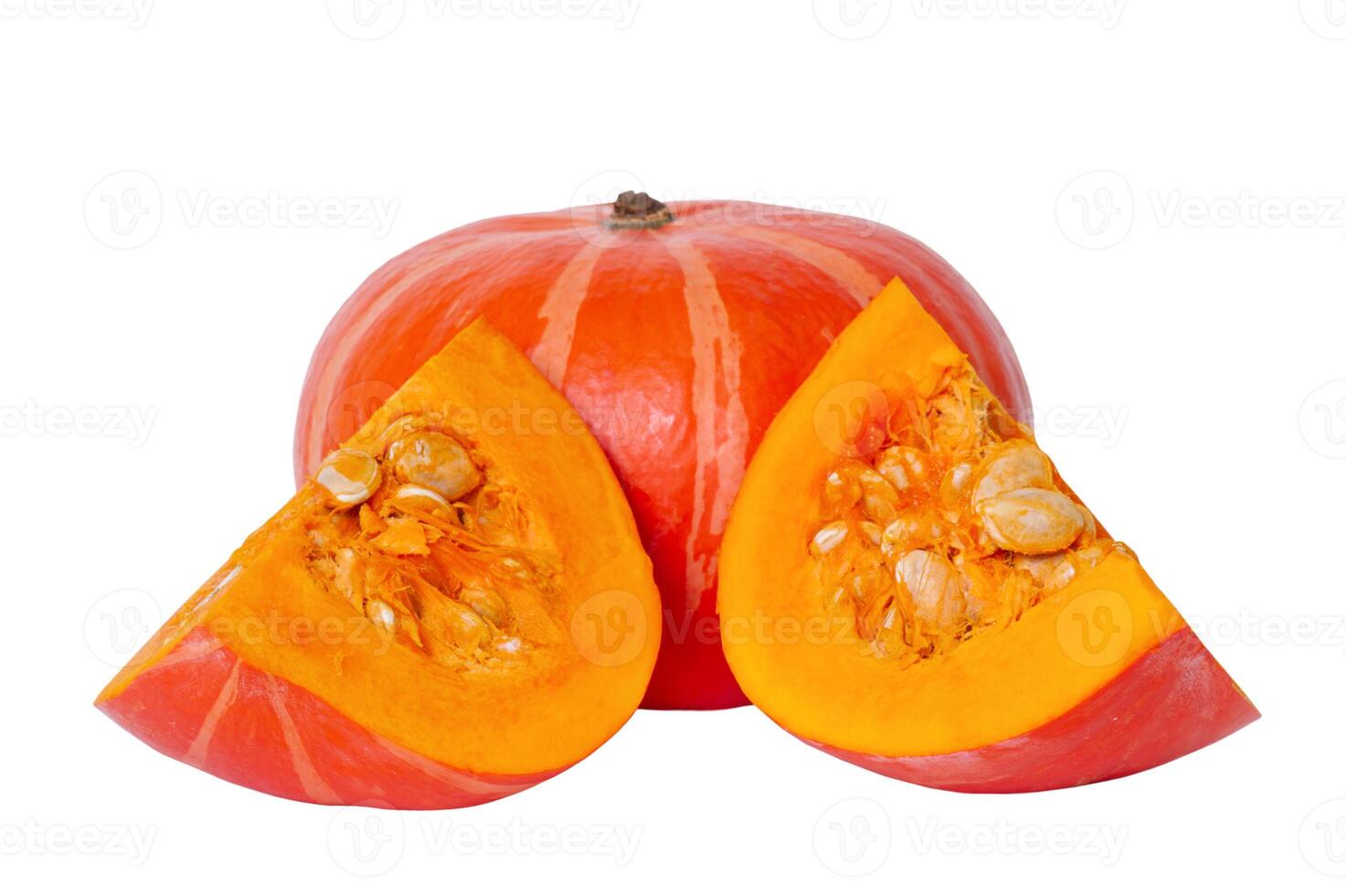 Orange ripe pumpkin isolate. One whole raw pumpkin and two slices cut with seeds. photo