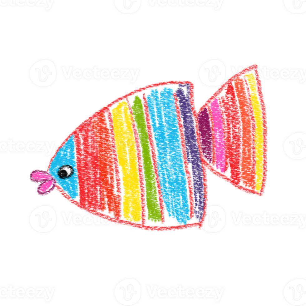 Hand-drawn simple colorful fish. Kid's drawings using pencil technique. Isolated images. For design and card png