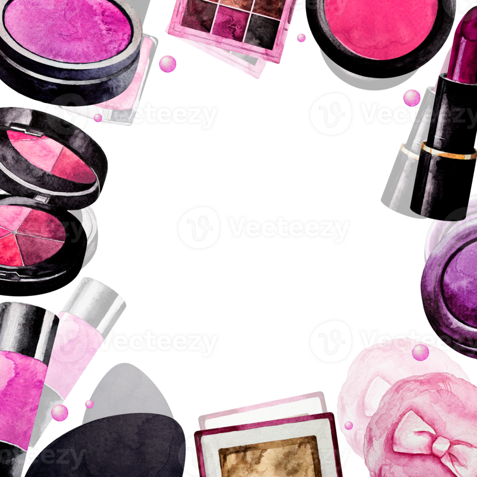 Square frame of Makeup. Watercolor. Pink Cosmetics elements for banner or text. png
