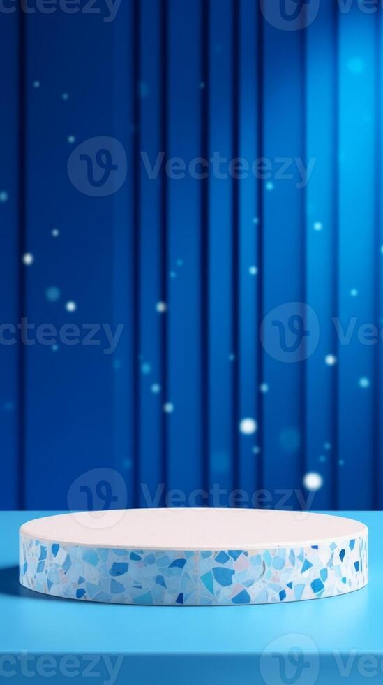 AI generated Minimalist Terrazzo Podium on Blue Mosaic Background for Exhibits photo