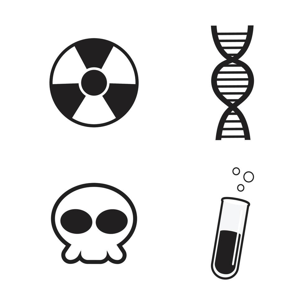 black and white toxic sign, DNA or gene sign, skull, chemical tube object on white background, vector illustration