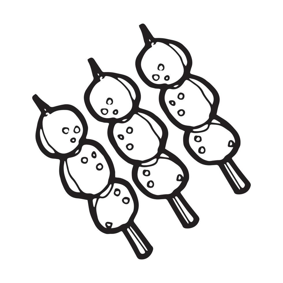 cute black and white meatballs and pork ball with sticks cartoon object on white background, vector doodle art