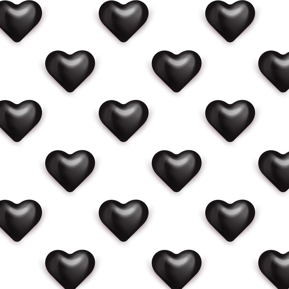 Seamless pattern black realistic hearts. Vector illustration of dark heart shaped. Ideal for luxury, romantic, and love design
