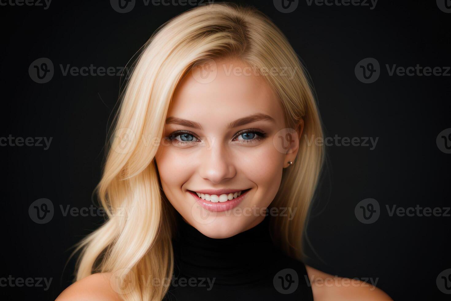 AI Generated Portrait beautiful blonde model woman with white teeth smile, healthy long hair and beauty skin on black background. Concept of advertising dentist and facial care. Generative AI photo
