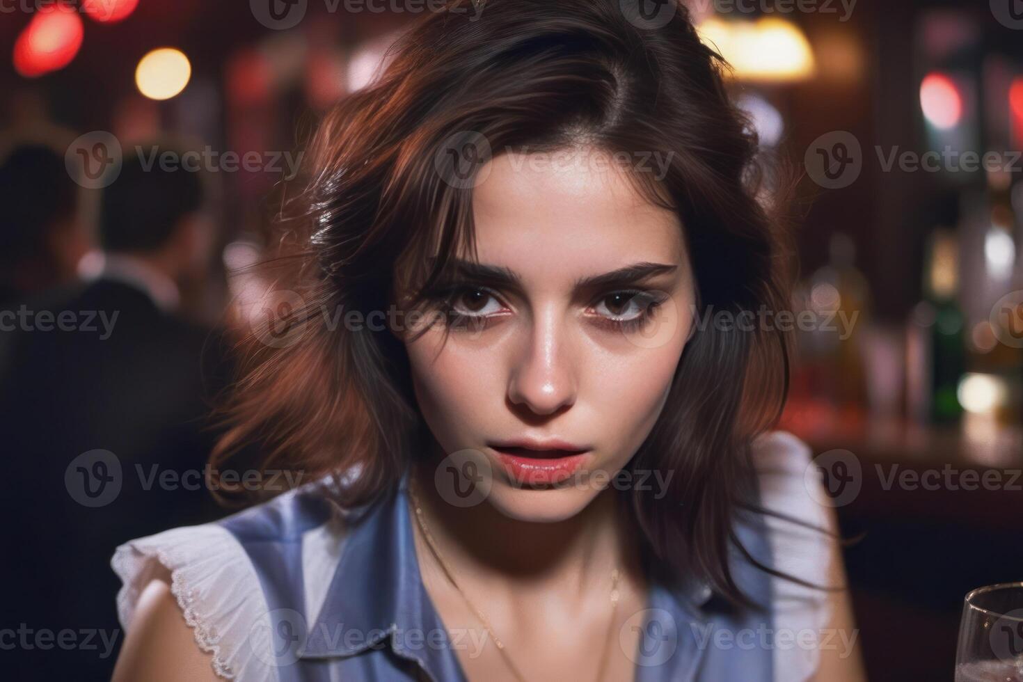 AI Generated Pretty drunk girl at the bar. Concept of alcoholism. Generative AI photo