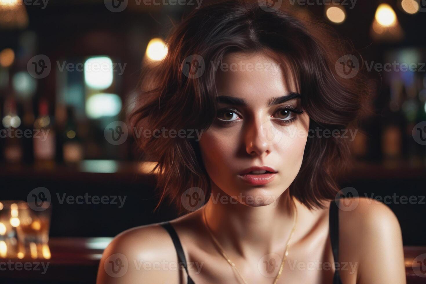 AI Generated Pretty drunk girl at the bar. Concept of alcoholism. Generative AI photo