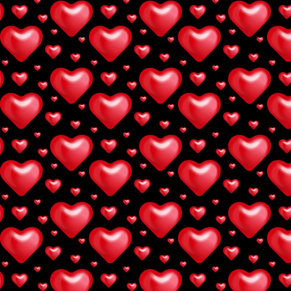 Seamless pattern red realistic hearts on black background. Vector illustration red hearts shaped. Ideal for luxury, romantic, and love design