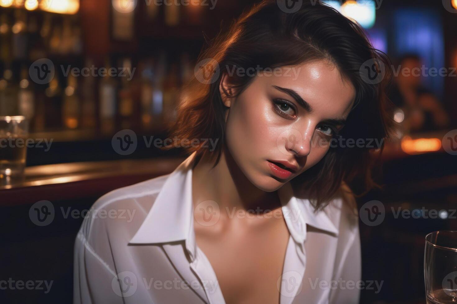 AI Generated Pretty drunk girl at the bar. Concept of alcoholism. Generative AI photo