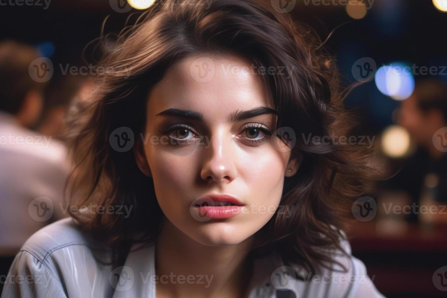 AI Generated Pretty drunk girl at the bar. Concept of alcoholism. Generative AI photo