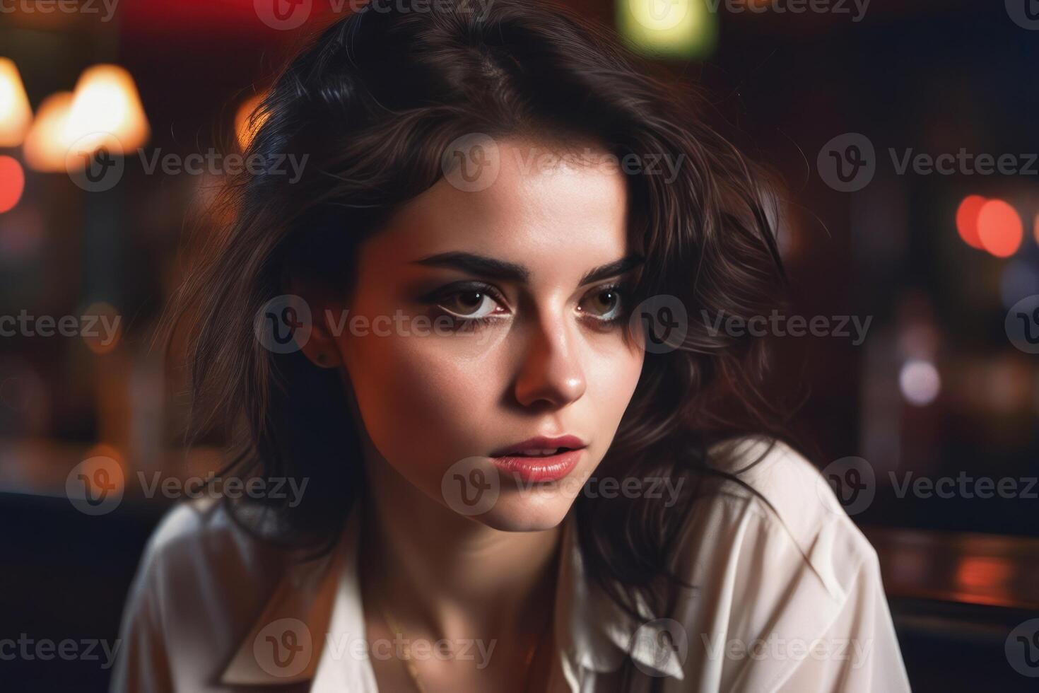 AI Generated Pretty drunk girl at the bar. Concept of alcoholism. Generative AI photo