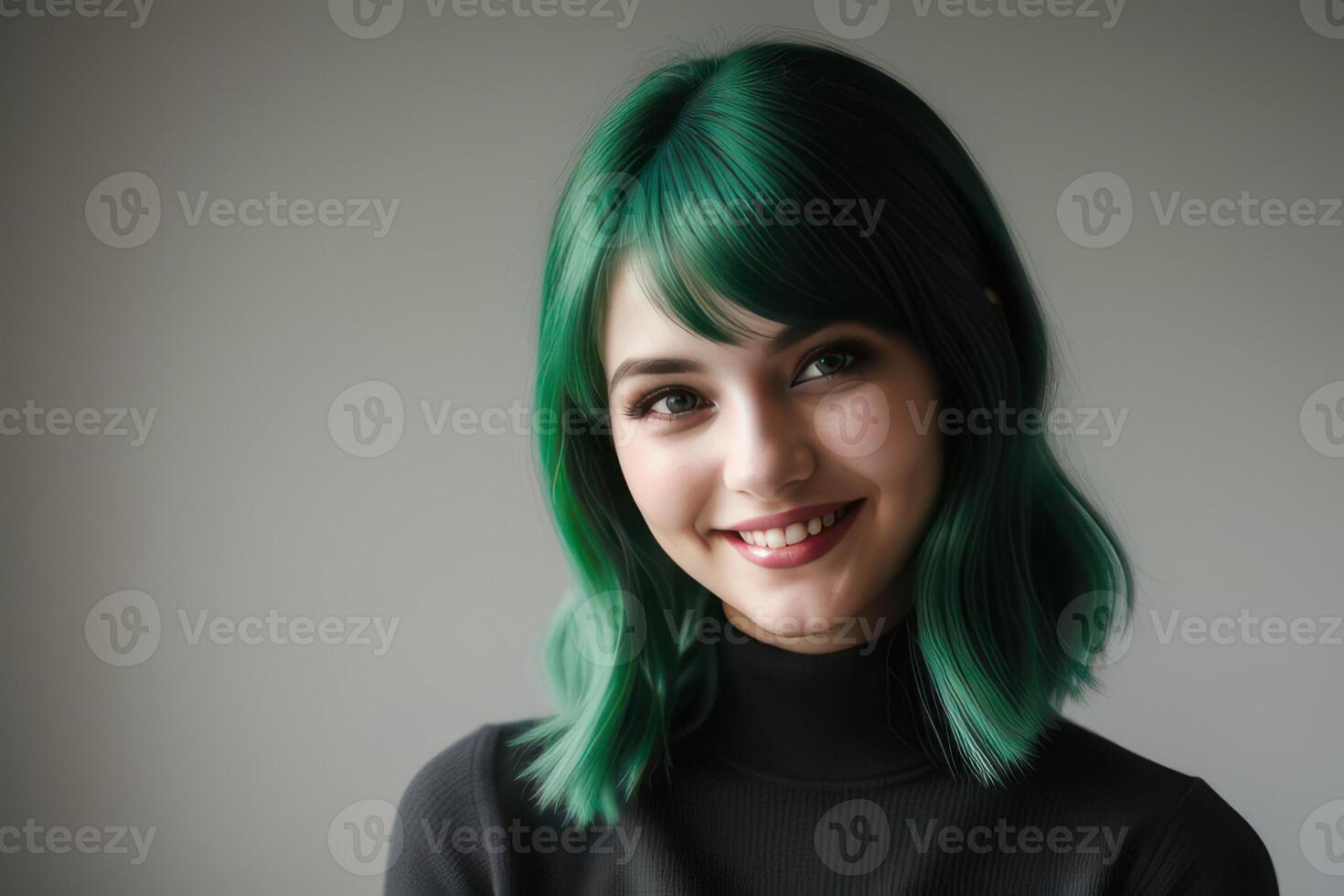 AI Generated Portrait beautiful green hair and eyes model woman with white teeth smile, healthy long hair and beauty skin on dark background. Concept of advertising dentist and facial care. Generative photo