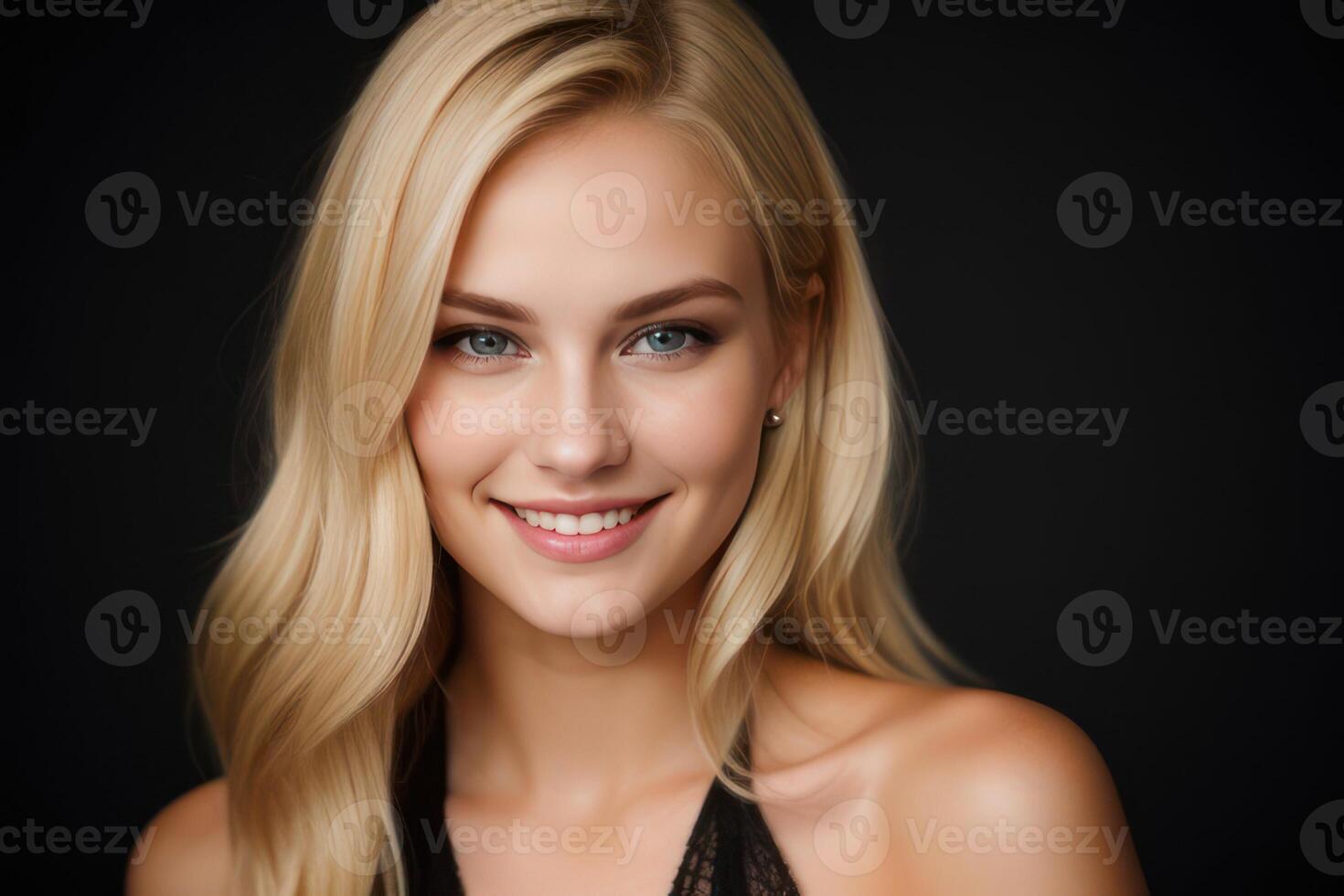 AI Generated Portrait beautiful blonde model woman with white teeth smile, healthy long hair and beauty skin on black background. Concept of advertising dentist and facial care. Generative AI photo