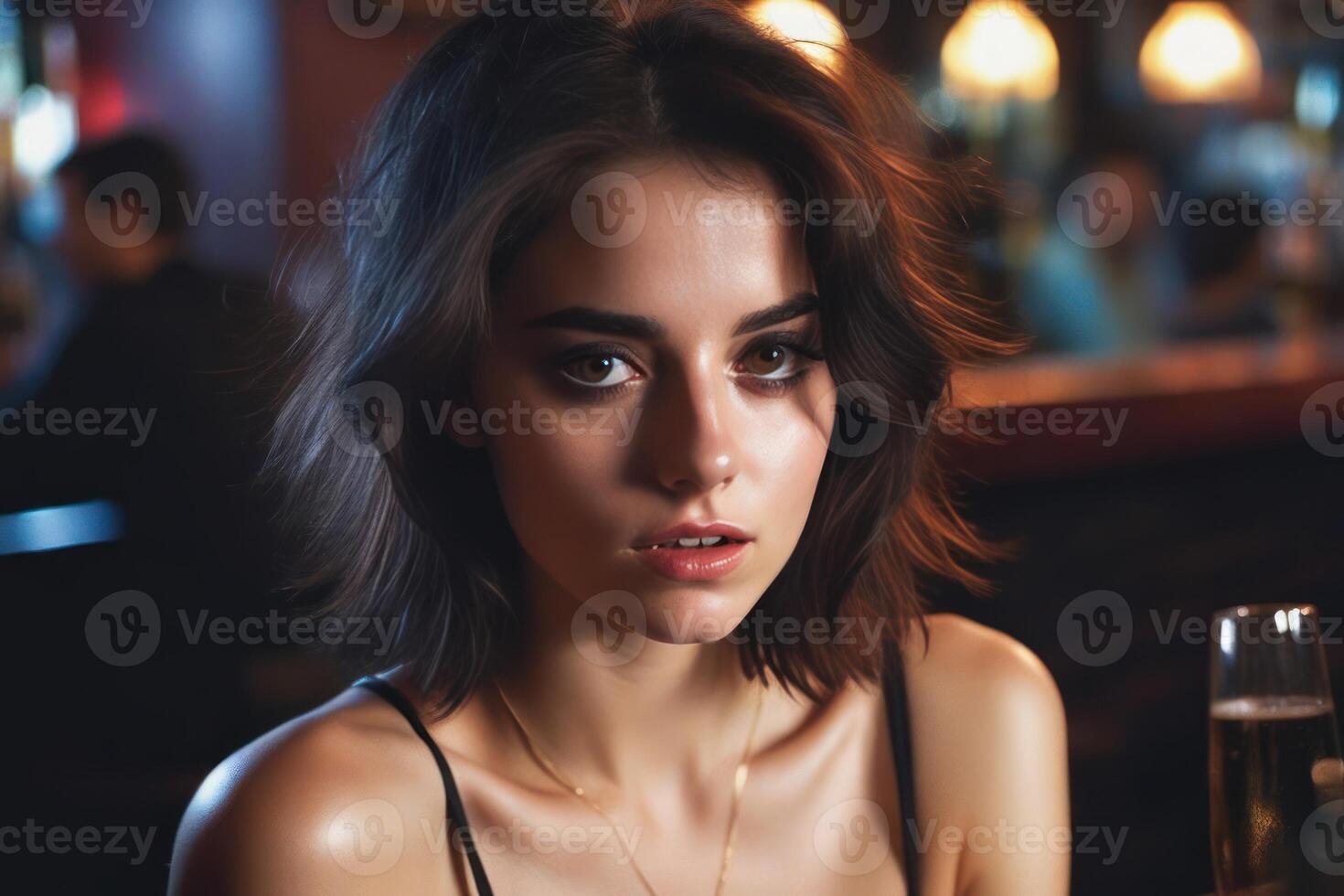 AI Generated Pretty drunk girl at the bar. Concept of alcoholism. Generative AI photo